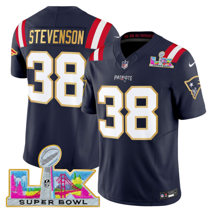 Rhamondre Stevenson Jersey #38 Patriots Super Bowl LX Gold Trim Stitched