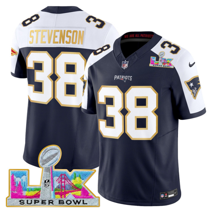 Rhamondre Stevenson Jersey #38 Patriots Super Bowl LX Gold Trim Stitched