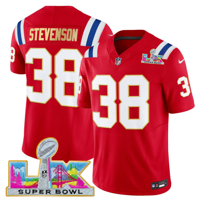 Rhamondre Stevenson Jersey #38 Patriots Super Bowl LX Gold Trim Stitched