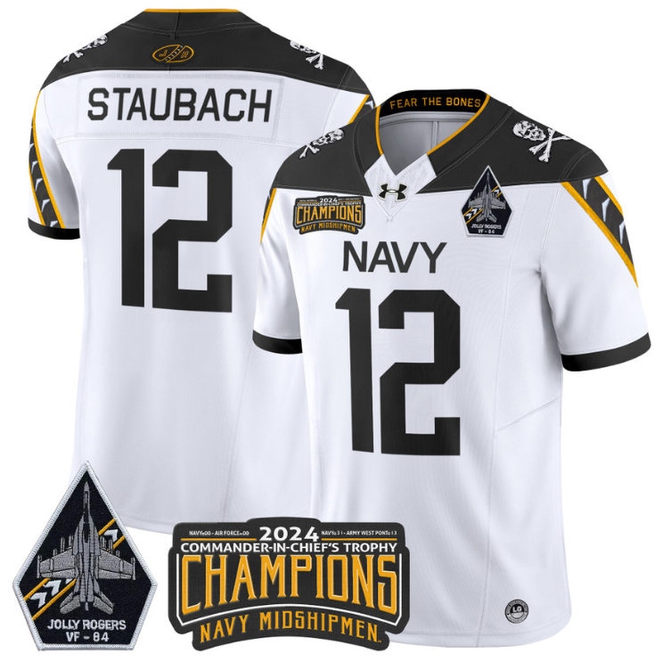 Roger Staubach Jersey #12 Navy Midshipmen 2024 Jolly Rogers Champions White