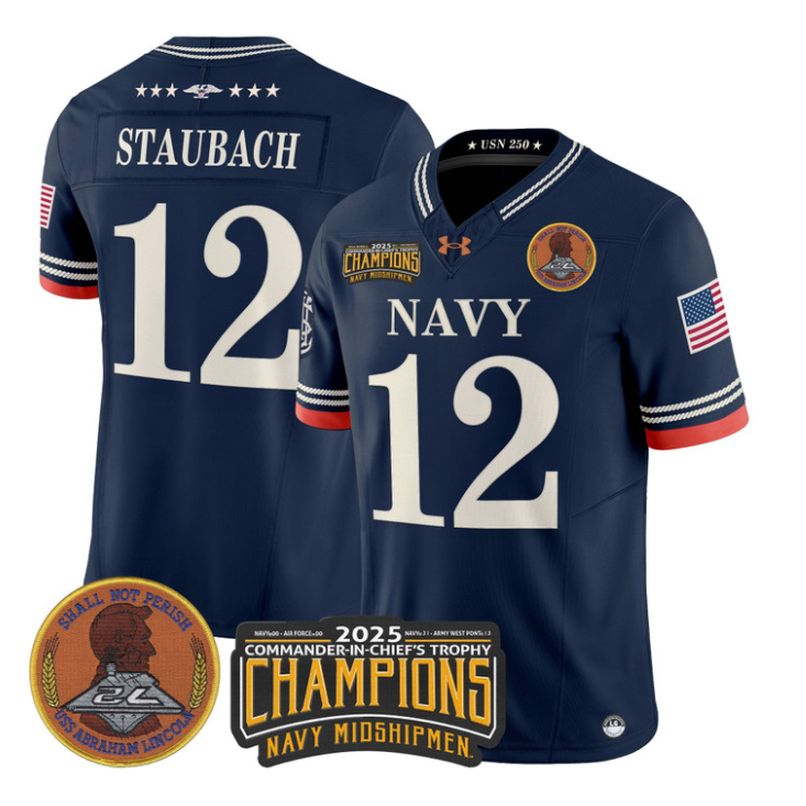 Roger Staubach Jersey #12 Navy Midshipmen 2025 Trophy Champions Stitched Navy