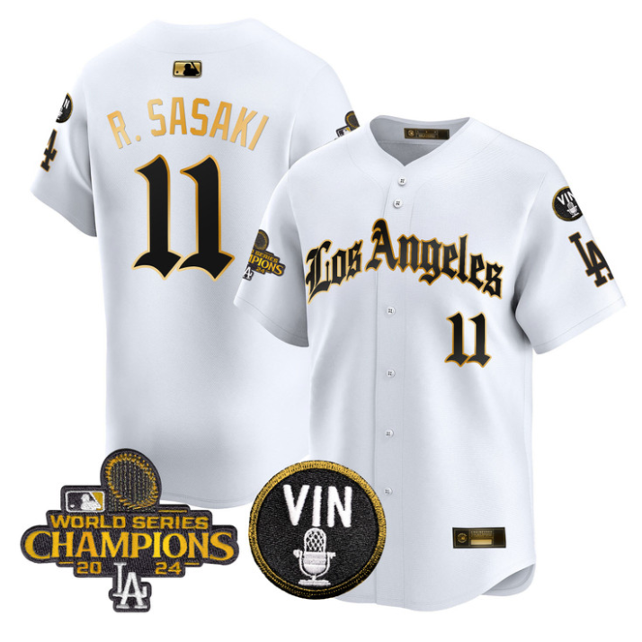 Roki Sasaki Jersey #11 Dodgers 2025 LA Gothic Style Stitched White Gold