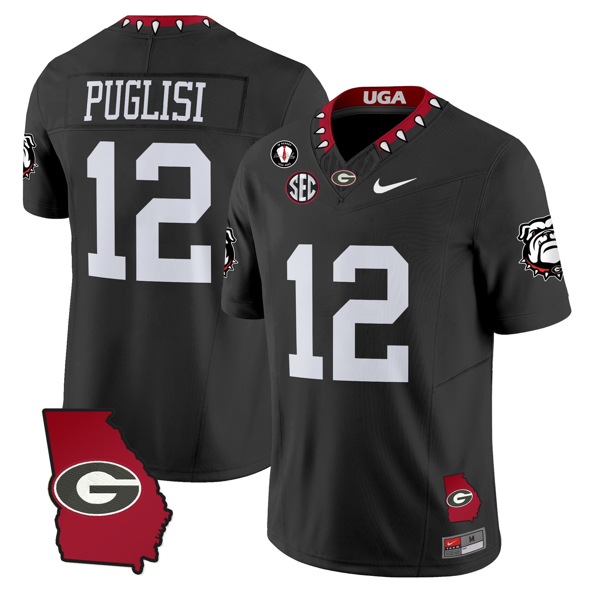 Ryan Puglisi Jersey #12 Georgia Bulldogs 2025 Georgia Map, Vince Dooley Stitched Black Gold Trim