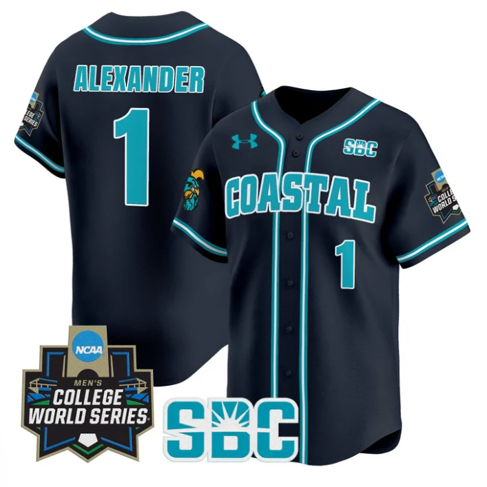 Sebastian Alexander Jersey #1 Coastal Carolina 2025 World Series Navy
