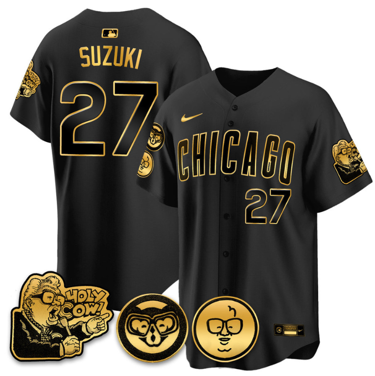 Suzuki Seiya Jersey #27 Chicago Cubs Harry Caray Holy Cow Patch Premier Limited Stitched Black Gold