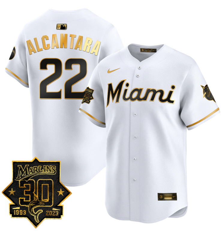Sandy Alcantara Jersey #22 Miami Marlins 30 Seasons Anniversary Patch Limited Stitched White Gold