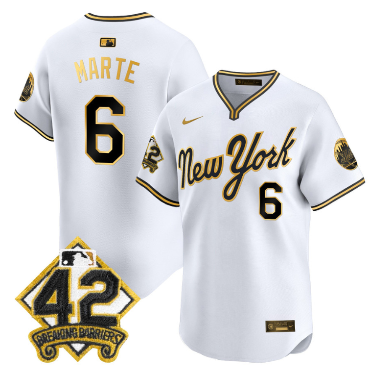 Starling Marte Jersey #6 New York Mets 2025 Jackie Robinson Patch Road Alternate Stitched White Gold