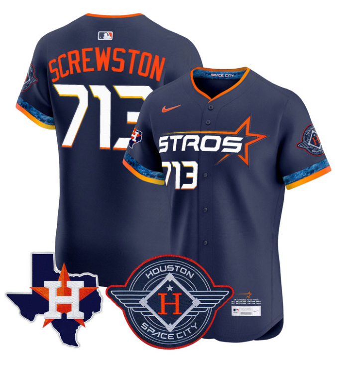Screwston Jersey #713 Houston Astros 2025 City Connect Texas Patch Premier Elite Stitched Navy