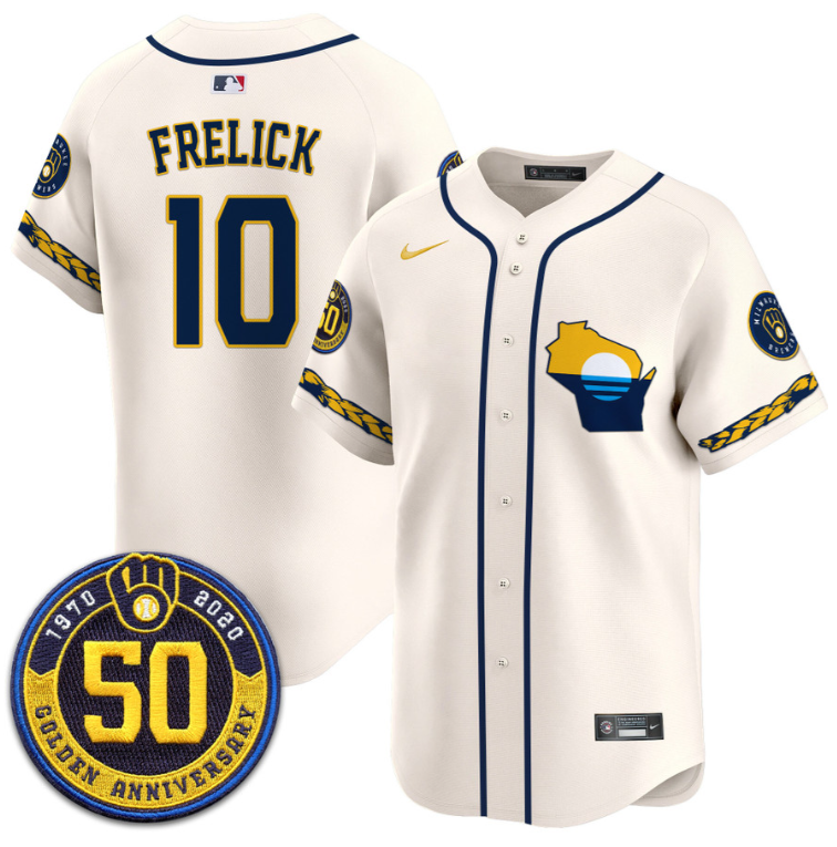 Sal Frelick Jersey #10 Milwaukee Brewers Golden 50th Anniversary Patch Stitched Cream