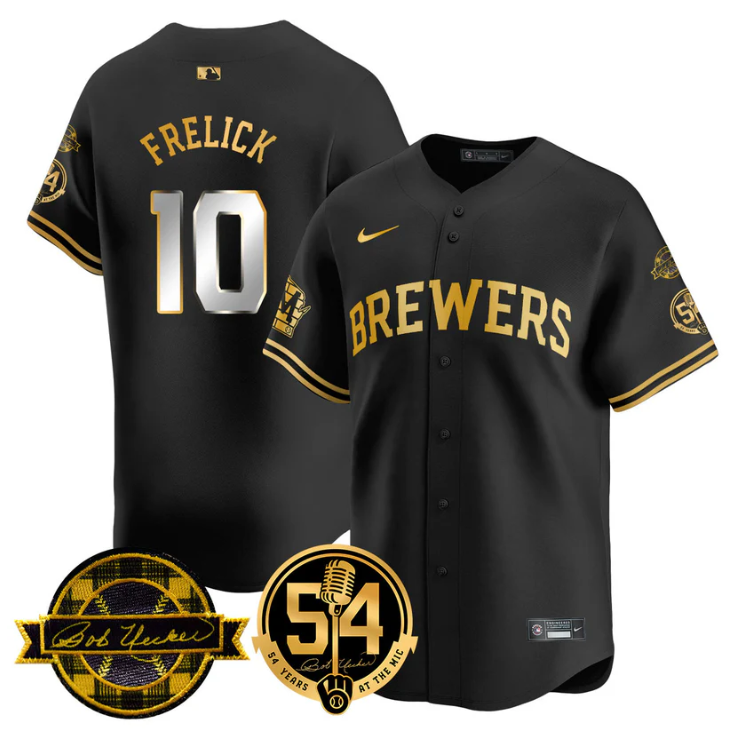 Sal Frelick Jersey #10 Milwaukee Brewers 2025 Bob Uecker, 54 Seasons for Brewers Stitched Black Gold