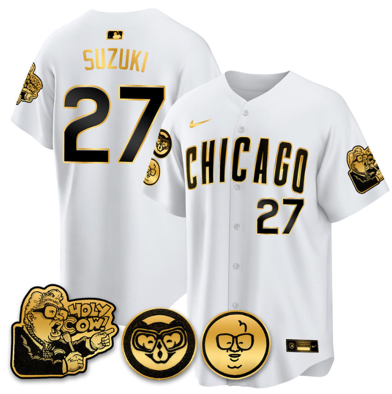 Suzuki Seiya Jersey #27 Chicago Cubs Harry Caray Holy Cow Patch Premier Limited Stitched White Gold