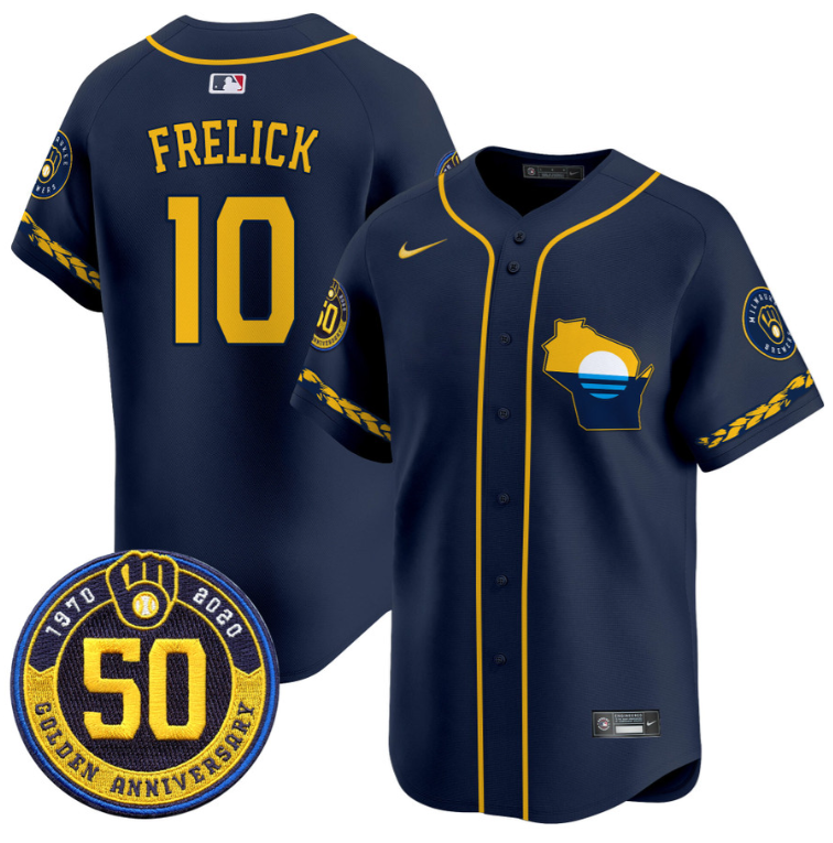 Sal Frelick Jersey #10 Milwaukee Brewers Golden 50th Anniversary Patch Stitched Navy