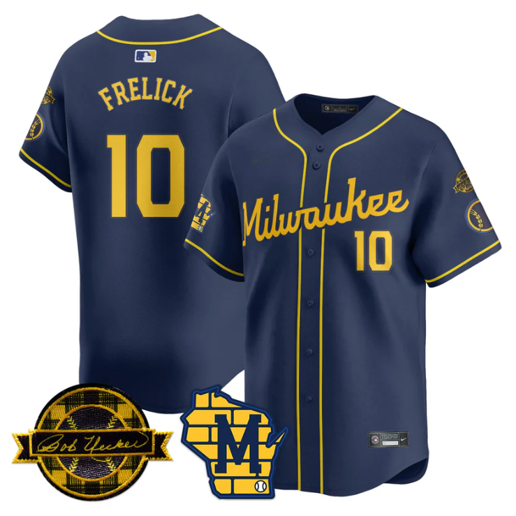 Sal Frelick Jersey #10 Milwaukee Brewers 2025 Limited Bob Uecker Patch Stitched Navy