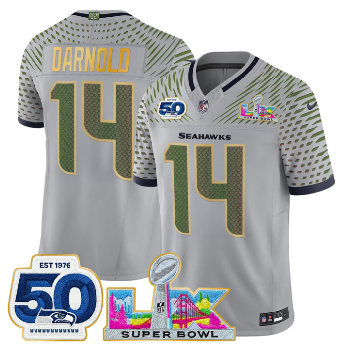 Sam Darnold Jersey #14 Super Bowl LX & 50th Patch Gold Trim Stitched