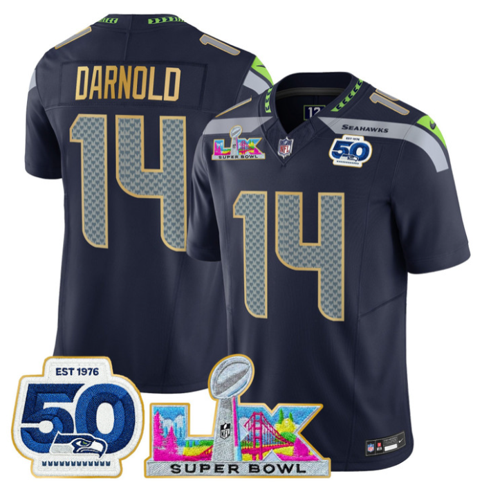 Sam Darnold Jersey #14 Super Bowl LX & 50th Patch Gold Trim Stitched