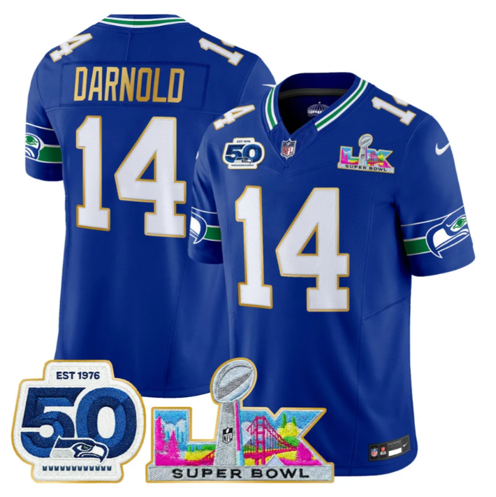 Sam Darnold Jersey #14 Super Bowl LX & 50th Patch Gold Trim Stitched