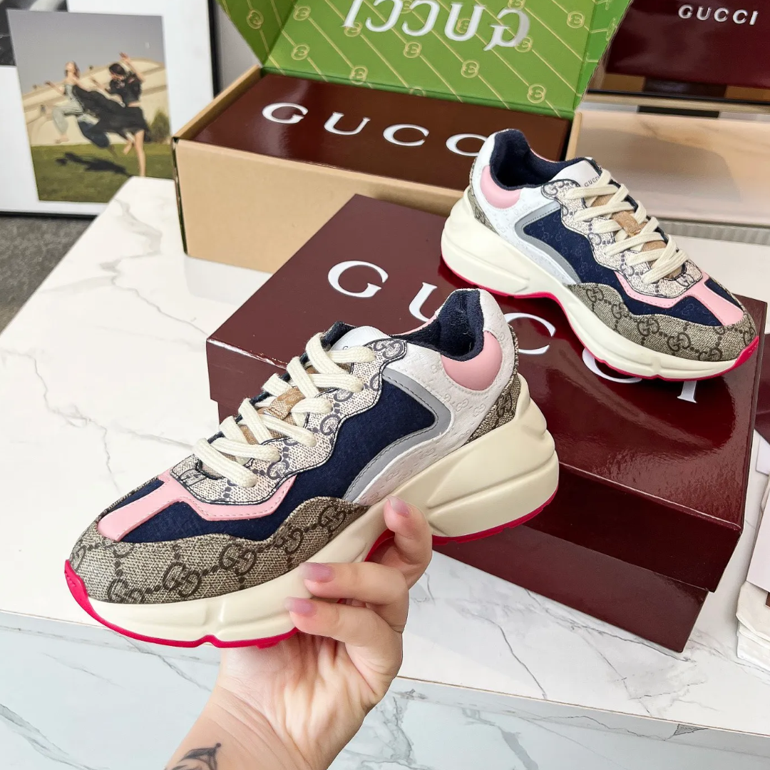 GG Rhyton Canvas Beige White Pink Shoes Sneakers