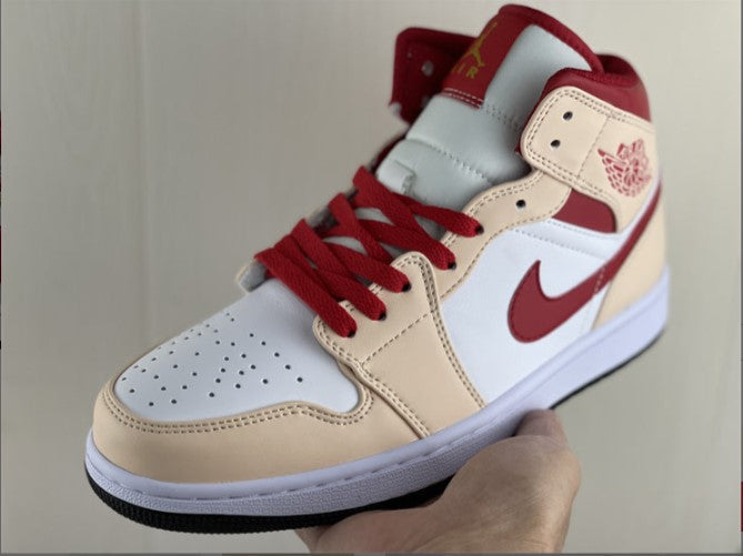 Air Jordan 1 Mid Beige White Red Shoes Sneakers