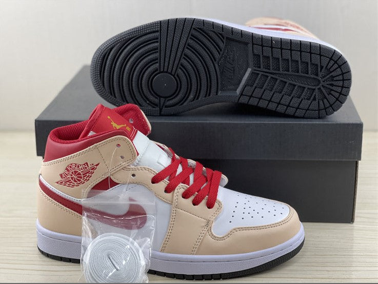 Air Jordan 1 Mid Beige White Red Shoes Sneakers