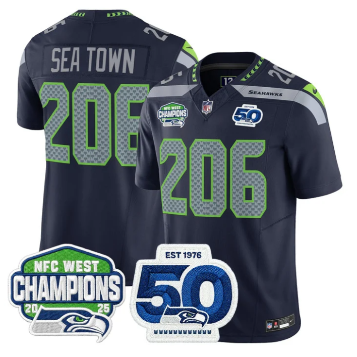 Sea Town Jersey #206 NFC West Division Champions 50th 2025 Patch Stitched Navy