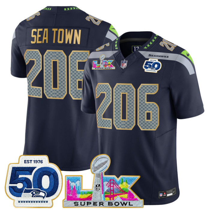 Sea Town Jersey #206 Super Bowl LX & 50th Patch Gold Trim Stitched