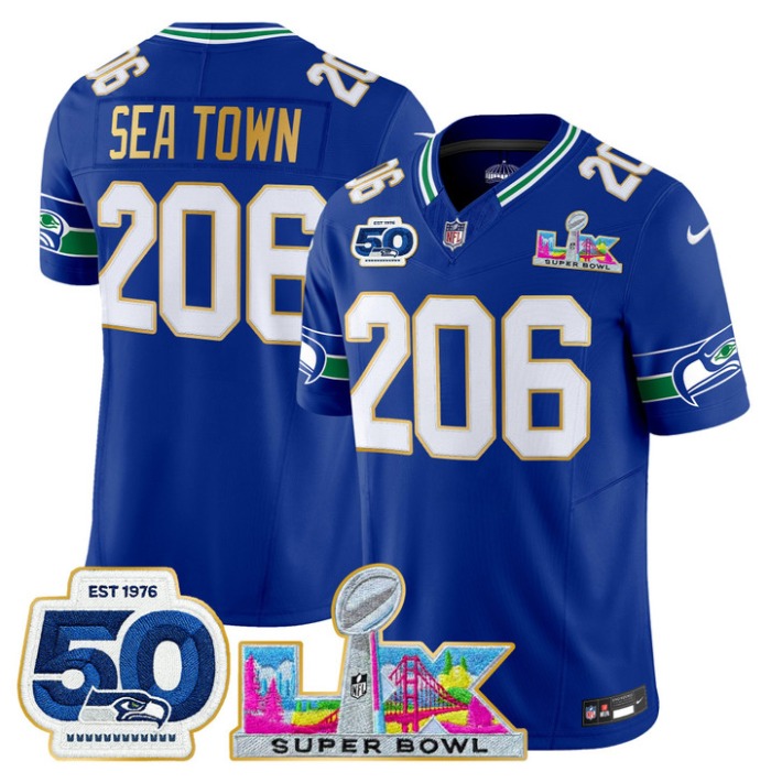 Sea Town Jersey #206 Super Bowl LX & 50th Patch Gold Trim Stitched