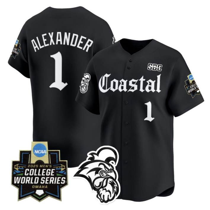 Sebastian Alexander Jersey #1 Coastal Carolina 2025 World Series Gothic Black