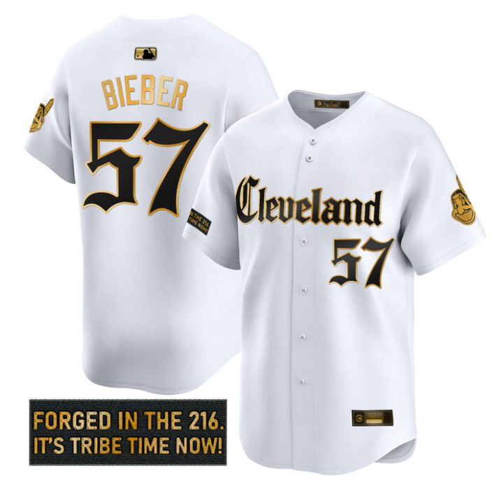 Shane Bieber Jersey #57 Cleveland Indians Gothic Iron Edition Stitched White Gold
