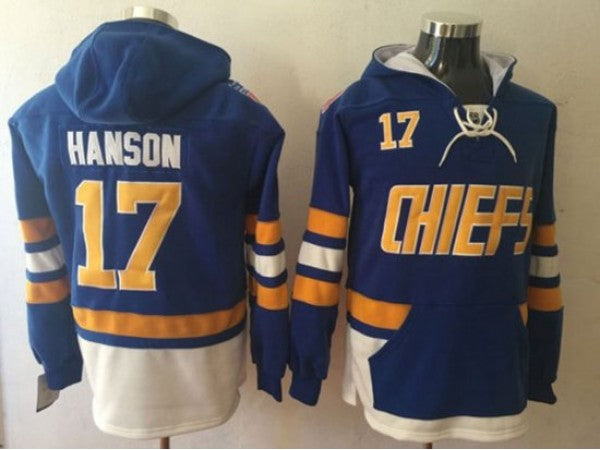 Slap Shot Charlestown Chiefs #17 Steve Hanson Blue Hoodie