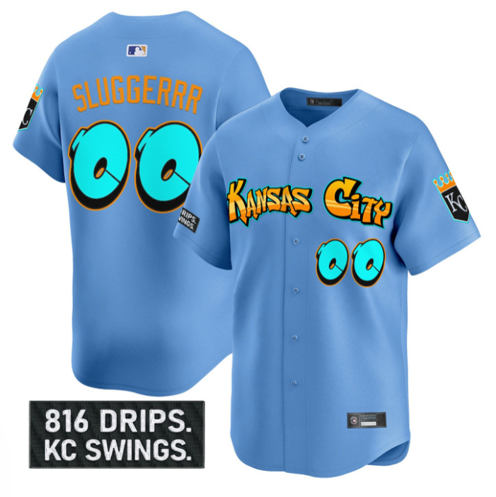 Sluggerrr Jersey #00 Kansas City Royals Graffiti Crown Drop Stitched Blue