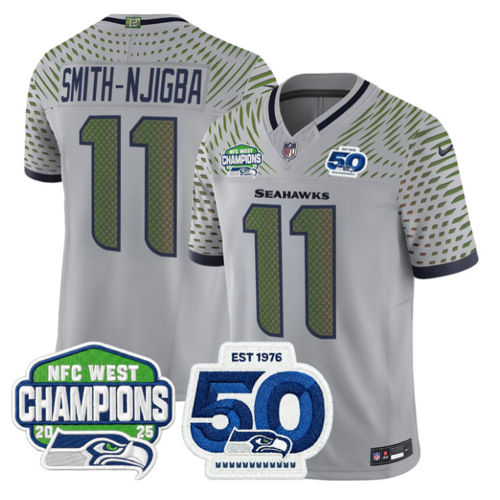 Smith-Njigba Jersey #11 NFC West Division Champions 50th 2025 Patch Gray