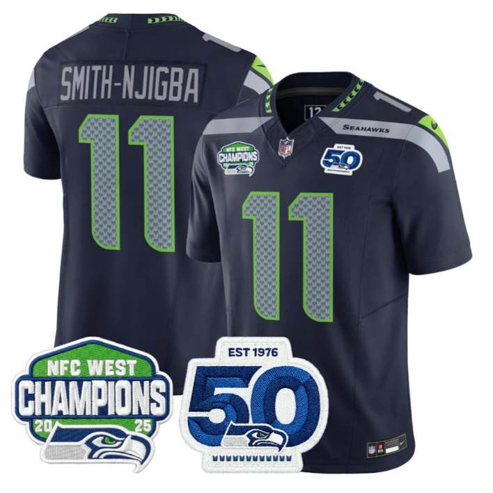Smith-Njigba Jersey #11 NFC West Division Champions 50th 2025 Patch Navy