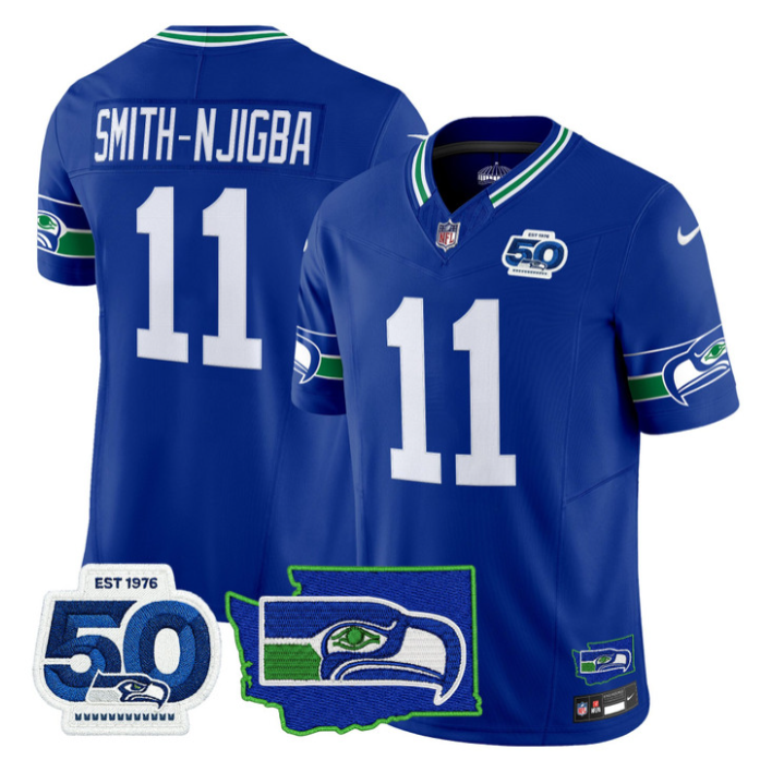 Smith-Njigba Jersey #11 Seahawks 50th Anniversary Patch Stitched Royal