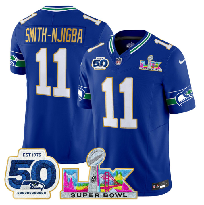 Smith-Njigba Jersey #11 Super Bowl LX & 50th Patch Gold Trim Stitched