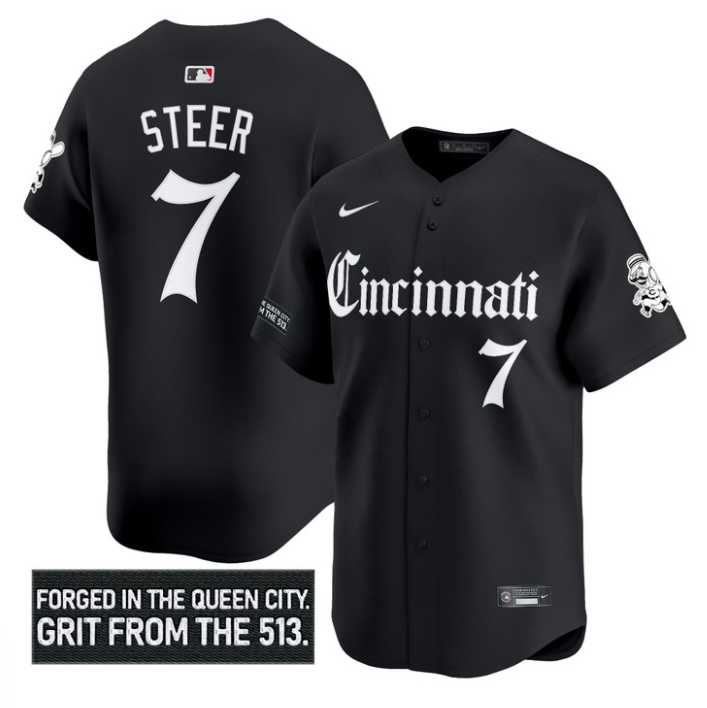 Spencer Steer Jersey #7 Cincinnati Reds Gothic Queen City Edition Stitched Black
