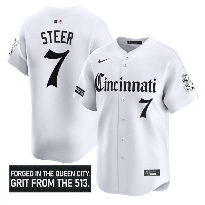 Spencer Steer Jersey #7 Cincinnati Reds Gothic Queen City Edition Stitched White (Copy)