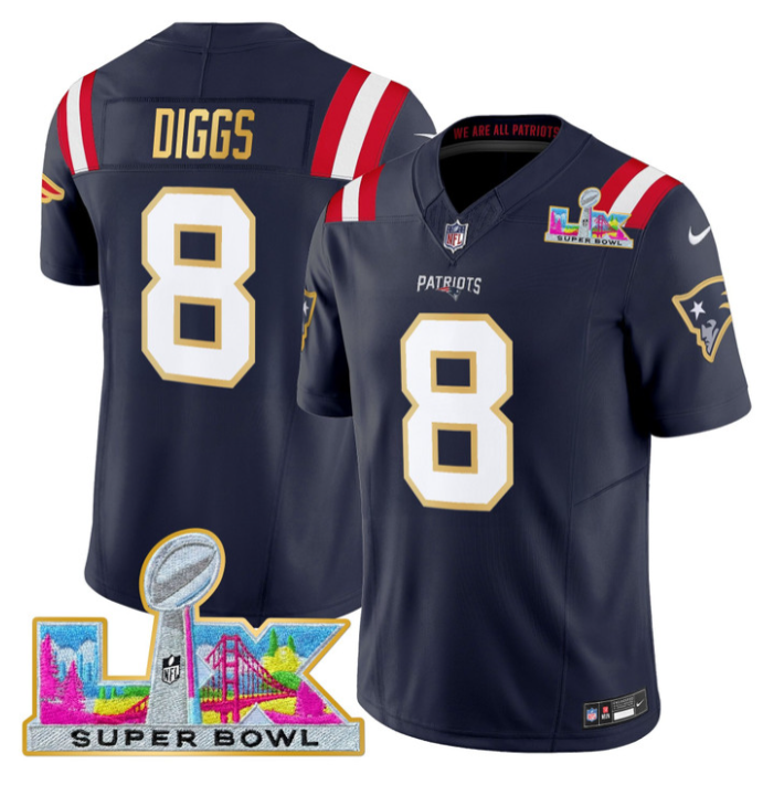 Stefon Diggs Jersey #8 Patriots Super Bowl LX Gold Trim All Stitched