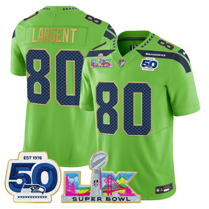 Steve Largent Jersey #80 Super Bowl LX & 50th Patch Gold Trim Stitched