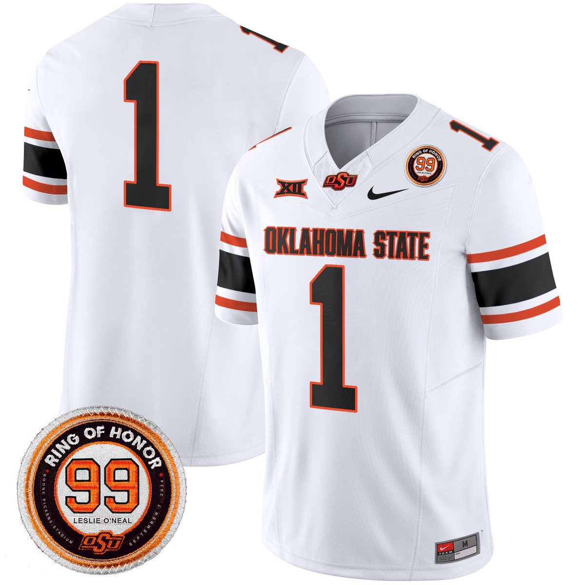 Team Jersey #1 Oklahoma State Cowboys 2025 Leslie O'neal Patch White