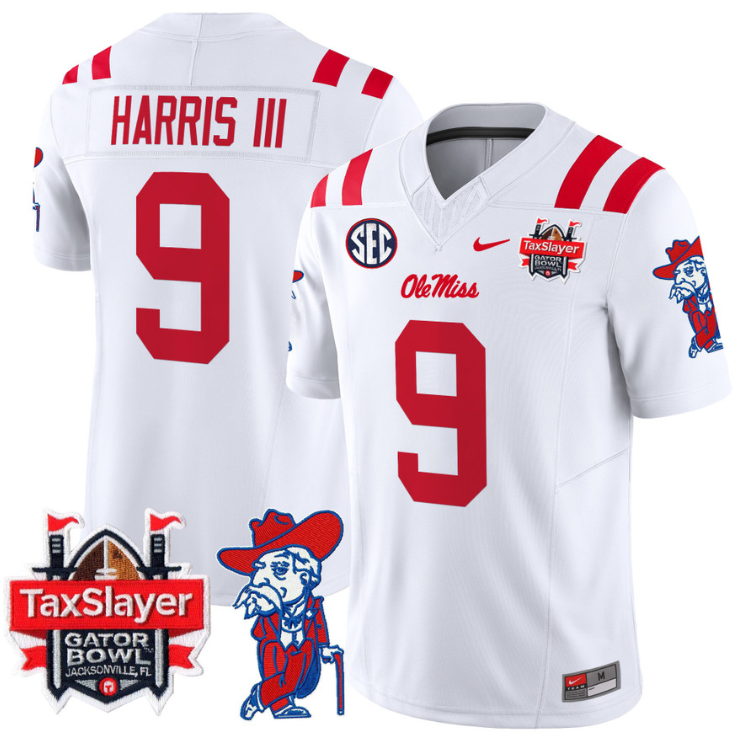 Tre Harris Jersey #9 Ole Miss Rebels 2025 Gator Bowl Patch White