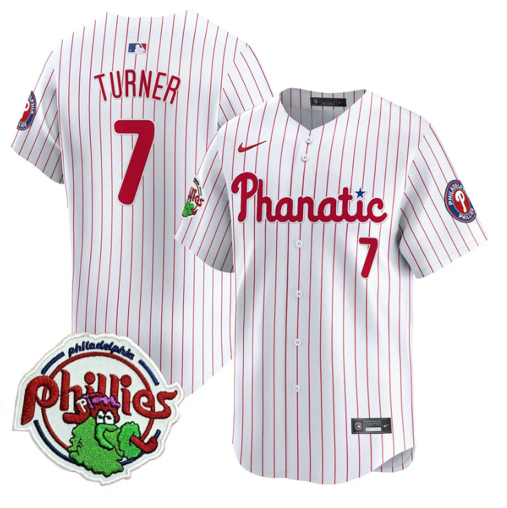 Trea Turner Jersey #7 Phillies Phanatic Patch Vapor Premier Limited Stitched White Pinstripe