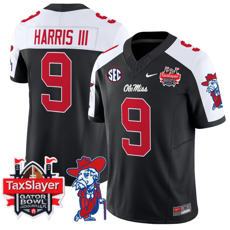Tre Harris Jersey #9 Ole Miss Rebels 2025 Gator Bowl Patch Black Alternate