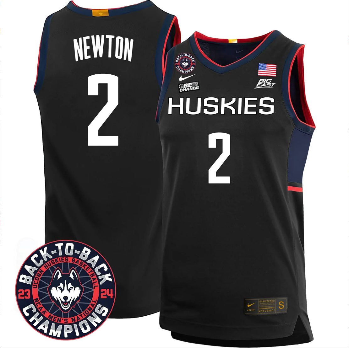 Tristen Newton Jersey #2 UConn Huskies Basketball 2024 Back To Back Champions Patch White Gold