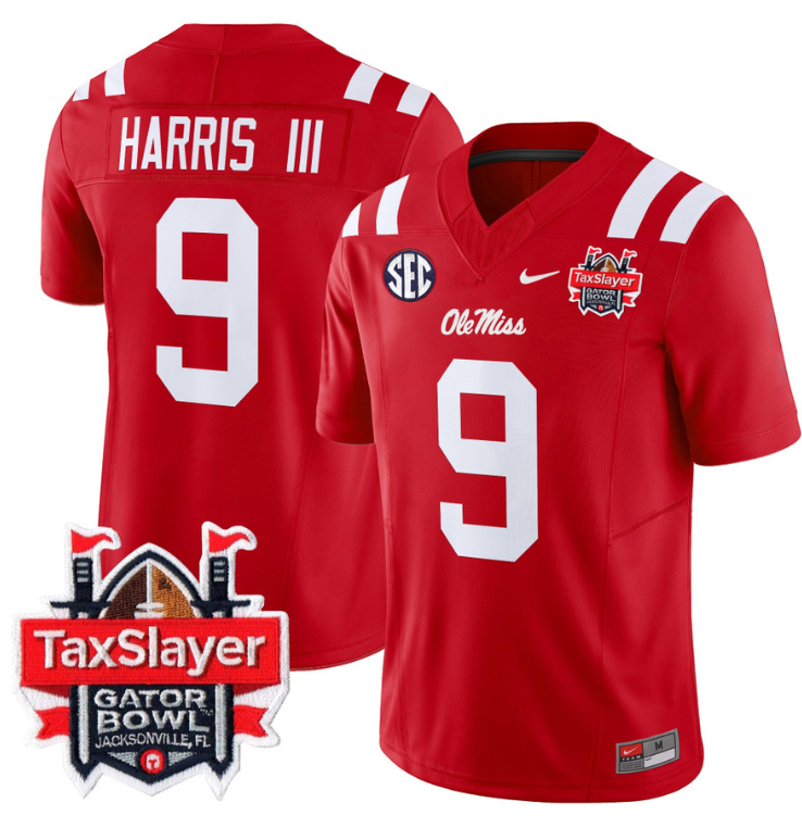 Tre Harris Jersey #9 Ole Miss Rebels 2024 Gator Bowl Patch V2 Red