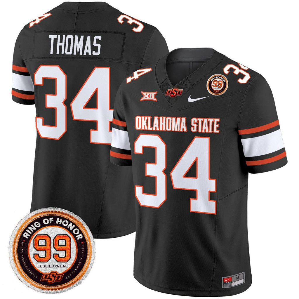 Thurman Thomas Jersey #34 Oklahoma State Cowboys 2025 Leslie O'neal Patch Black