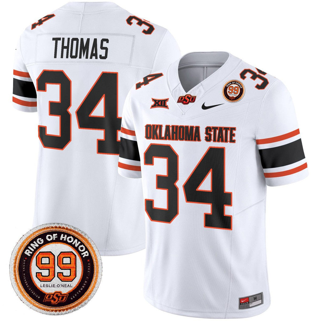 Thurman Thomas Jersey #34 Oklahoma State Cowboys 2025 Leslie O'neal Patch White