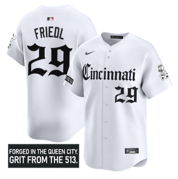 TJ Friedl Jersey #29 Cincinnati Reds Gothic Queen City Edition Stitched White