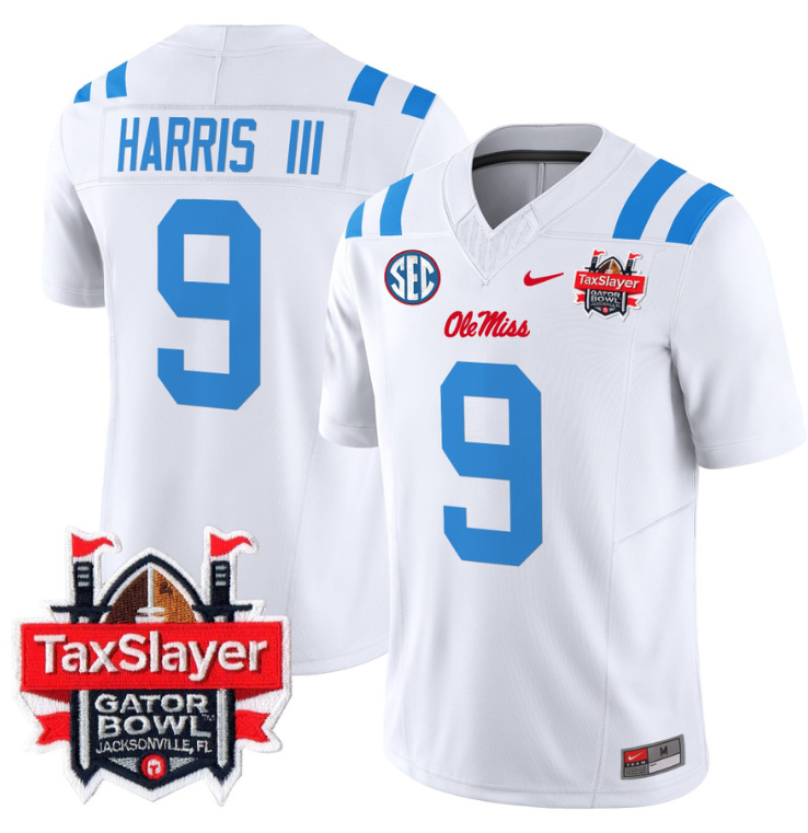 Tre Harris Jersey #9 Ole Miss Rebels 2024 Gator Bowl Patch V2 2024 White