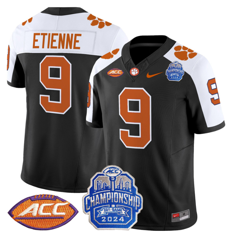Travis Etienne Jersey #9 Clemson Tigers 2024 ACC Championship Patch Black Alternate