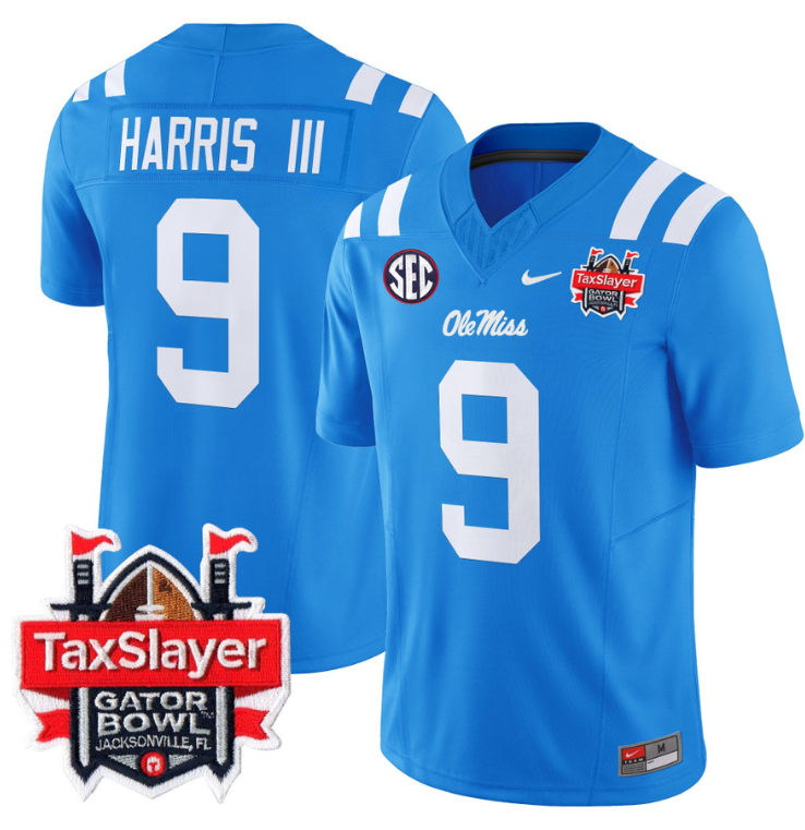 Tre Harris Jersey #9 Ole Miss Rebels 2024 Gator Bowl Patch V2 Powder Blue